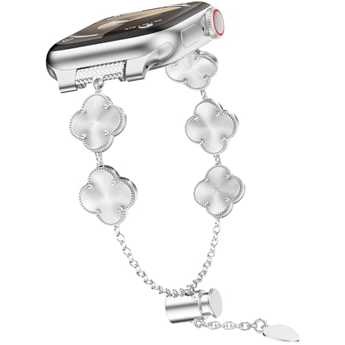 YMHML Clover Band Compatible for Apple Watch Bands for Women 42mm 41mm 40mm 38mm Adjustable Bracelet Lucky Clover Dressy Jewelry Metal Straps for iWatch Series 10 9 8 7 6 5 4 3 SE Ultra Silver