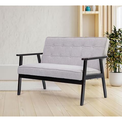 Divano Roma Furniture Mid-Century Accent Arm Modern Retro Leisure Chair with Solid Wood Frame Single Sofa for Living Room, Bedroom, Balcony, Studio, 2 Seat, Beige Cover