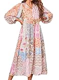 CHARTOU Women Boho Floral Printed Long Dress Summer Lantern Half Sleeve Beach Flowy Loose Swing Sundress (Medium, Pink)