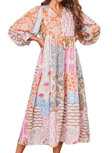 CHARTOU Women Boho Floral Printed Long Dress Summer Lantern Half Sleeve Beach Flowy Loose Swing Sundress