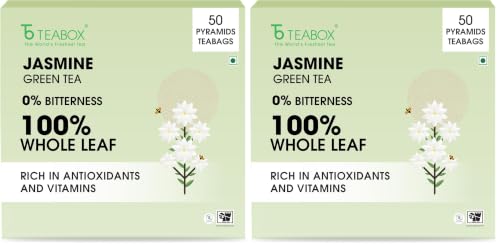 Image of Teabox Jasmine Green Tea | 50 Pyramid Whole Leaf Teabags | Natural Jasmine Aroma | Premium Blend Sourced from Madurai (Pack of 2)