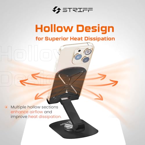 Image of STRIFF mobSpin 360 Rotating Metal Phone Stand, Foldable Mobile Holder with Adjustable Height & Angle, Stable Round Base, Thick Case Friendly, for Smartphones, Tablets, Kindles & iPads - Black