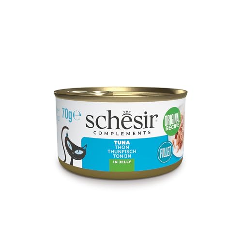 Schesir, Filetes de Atún en Gelatina, Comida Húmeda Complementaria para Gatos, en Latas, Receta Original, 100% Natural, 12 x 70g