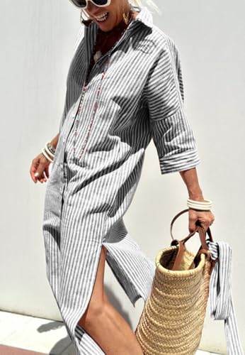 Image of chouyatou Women's Summer 3 /4 Sleeve Striped Shirt Dress Belted Maxi Long Casual Button Down Beach Dress