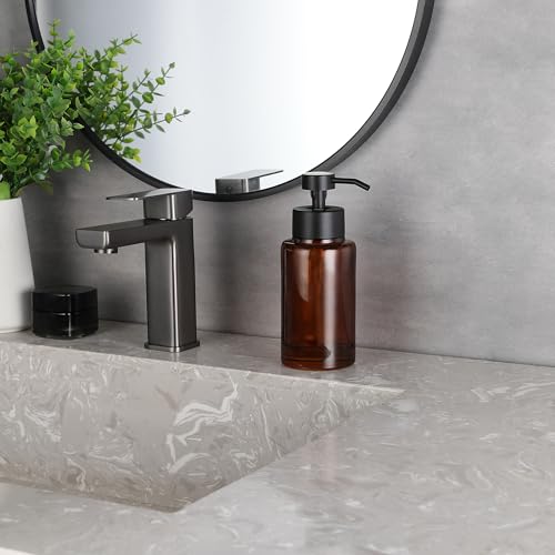 Image of H Halston Amber Glass Foaming Soap Pump Dispenser, Foaming Soap or Liquid handoap compatable, Refillable, for Bathroom or Kitchen Countertop, Bathroom, Home Decor, Amber with Matte Black Pump top