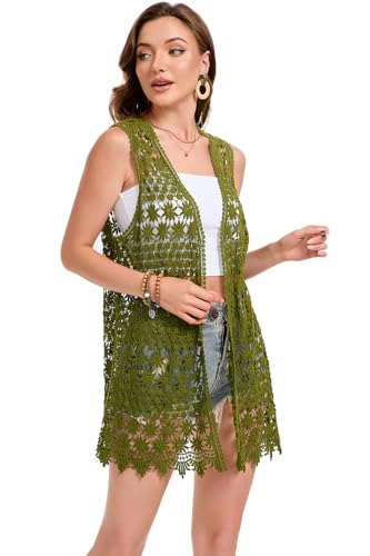 Image of GLEAMISS Women's Crochet Floral Vest Lace Trim Boho Sleeveless Cardigan