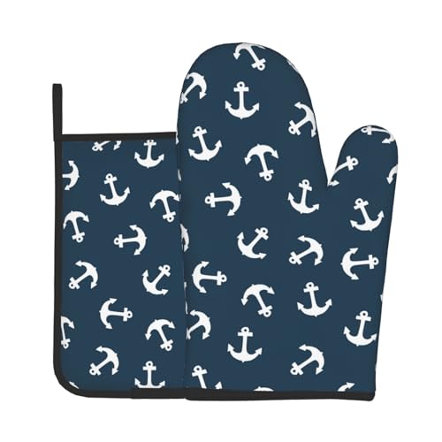 Juego de 2 Manoplas y agarraderas para Horno con Anclas náuticas Azul Marino. Apto para barbacoas, repostería, Cocina y microondas.