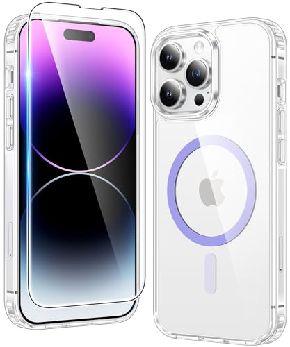 Image of FNTCASE for iPhone 14 Pro Case: Clear Magnetic Phone Cases Compatible with Magsafe Slim Anti Yellowing Military Grade Drop Protection Rugged Protective Transparent Cell Phone Cover (D-Purple)
