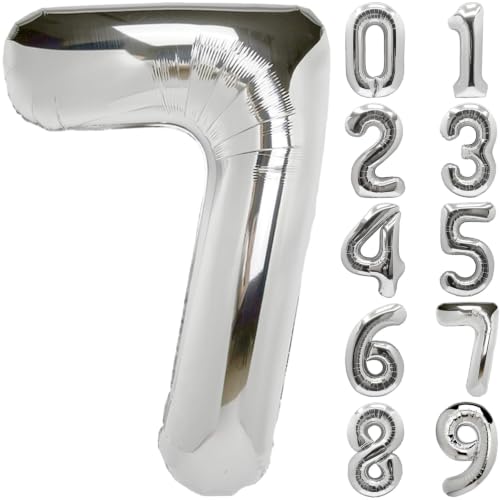 Image of Number Balloons Silver Party Balloon - Giant Number 7 Balloon, 40 Inch Large Balloon for Birthday Decorations, Silver Party Supplies for Anniversary