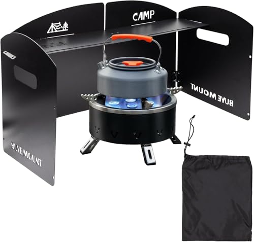 Camping Stove Windscreen Steel Camp Stove Windscreen 4 Plates Steel Folding Camping Stove Windshield with a Storage Bag and Compartment for Camping, Hiking, Picnic, Backpacking, Cooking (Black)