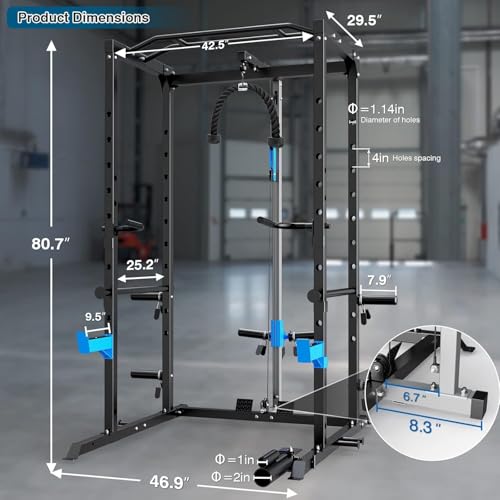 Image of ULTRA FUEGO Power Cage, Multi-Functional Power Rack with J-Hooks, Dip Handles, Landmine Attachment and Optional Cable Pulley System for Home Gym (Power Cage with 240LB Weights, Blue)