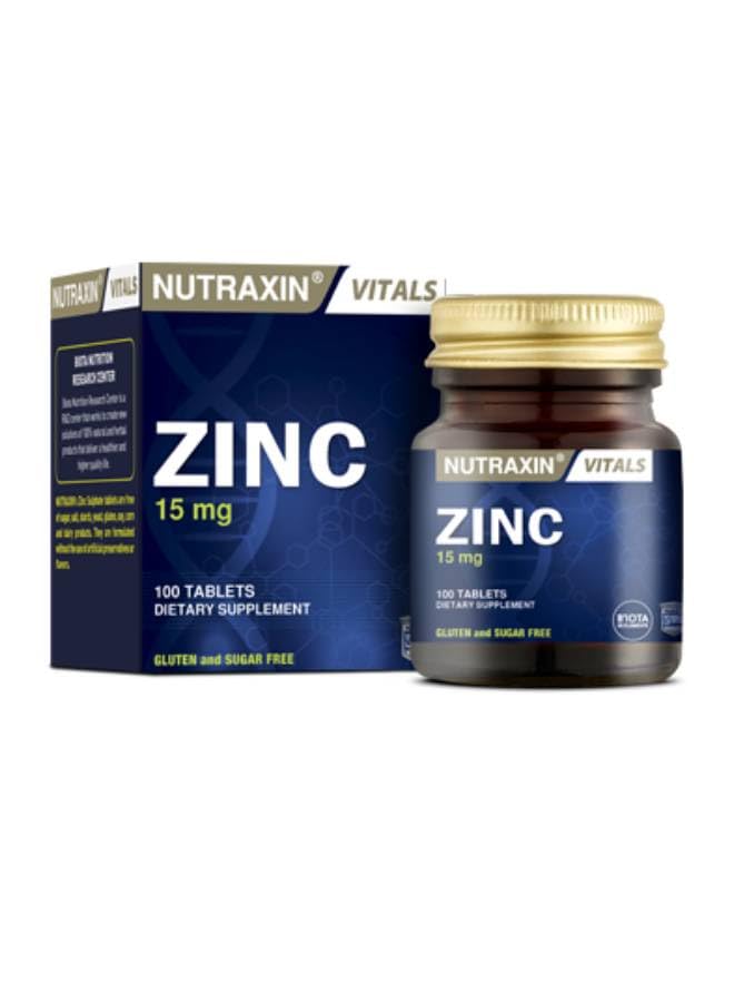Nutraxin Zinc Dietary Supplement, 15 mg, 100 Tablets, Gluten and Sugar Free