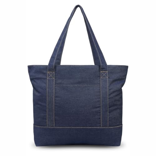 Image of TOPDesign 1-Pack Canvas Tote Bag with an External Pocket, Reusable Grocery Shopping Bag, Top Zipper Closure, Daily Essentials (Dark Blue Demim)