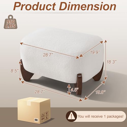 Image of WUTUTUEE 28.7 inch Sherpa Boucle Ottoman with Solid Wood Legs, Modern Upholstered Footstool, Comfy Ottoman for Living Room, Bedroom, White