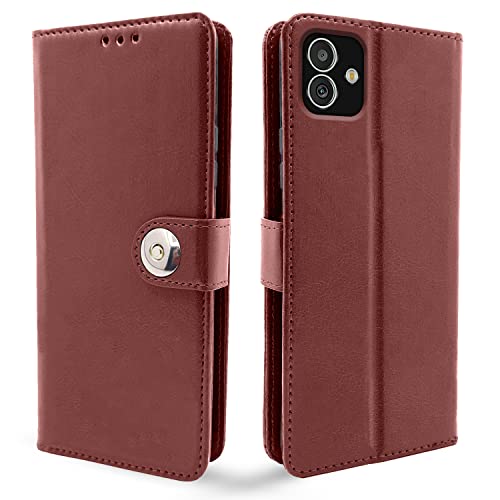 Image of Pikkme Samsung Galaxy F14 5G Flip Cover Leather Finish | Inside TPU with Card Pockets | Wallet Stand and Shock Proof | Complete Protection Button Flip Case (Brown)