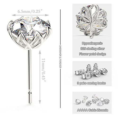 18K White Gold Plated Round Cut Simulated Diamond Stud Earrings for Women Men, 925 Sterling Silver 8 Prong Pure Round Cubic Zirconia Earrings Hypoallergenic Flower Earring Studs 0.5CT - 1CT2