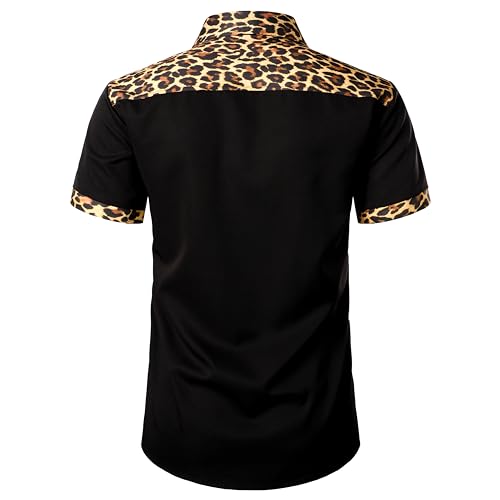 Men's Stretchy Causal Leopard Cheetah Print Short Sleeve Slim Fit Button Up Shirt3