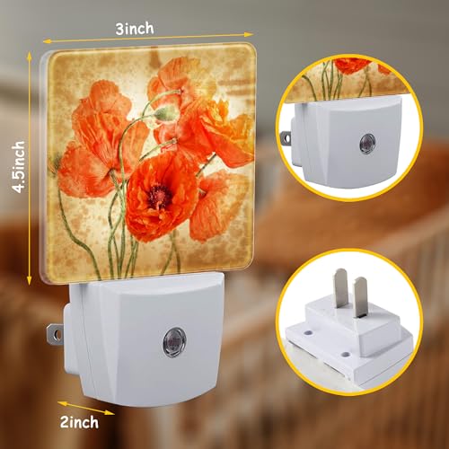 Image of Vintage Orange Flowers Night Light Plug Wall,Poppy Bouquet Oil Painting LED Night Lights with Dusk to Dawn Light Sensor for Women Girls Boys Room Decor,Hallway,Kitchen,Bathroom,Nursery,Stairs