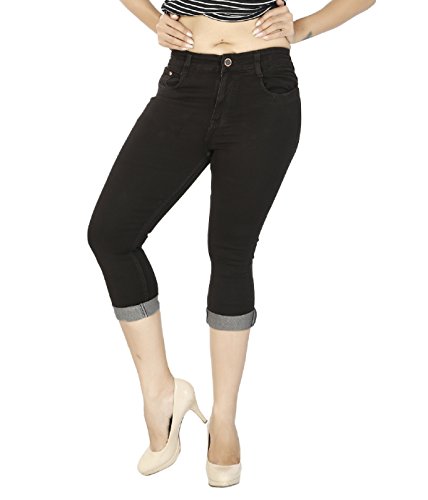 Image of FCK-3 Stretchable Denim Solid Mid Waist Knee Length Button Closure 5 Pocket Capree for Women