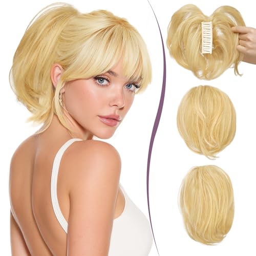 RUWISS Pferdeschwanz Haarteil mit Klammer Echthaar Kurze 22cm Ponytail Extension mit Biegbaren Metall für DIY-Frisuren Gerade Messy Bun Haarteil für Damen, Goldblond Gemischt Bleichblonden