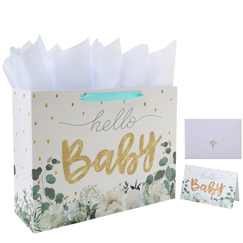 16.5 Extra Large White Gift Bag Set with Greeting Card and Tissue Papers (Gold Glitter Baby) for Baby Shower Baby Girl or Boy Girls Birthday Party Womens Birthday Parties - 16.5x5.5x12.6 1 Pcs.