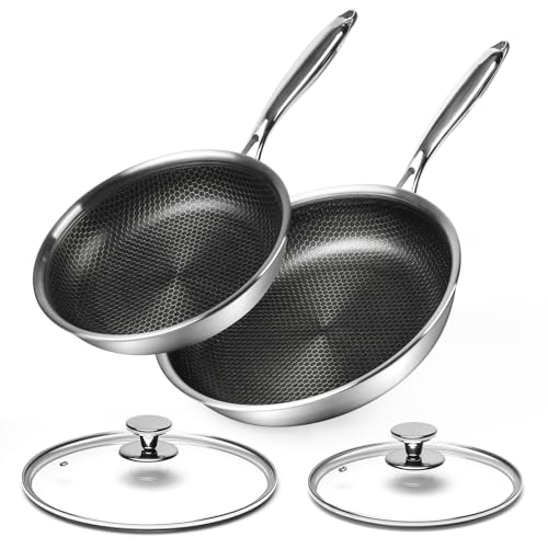 Innerwell Tri-Ply Stainless Steel Frying Pan Sets 24 + 28 cm, Nonstick Honeycomb Frying Pan with Lid, Scratch-Resistant Skillet W/Stay Cool Handle, Induction Compatible, Pfoa Free
