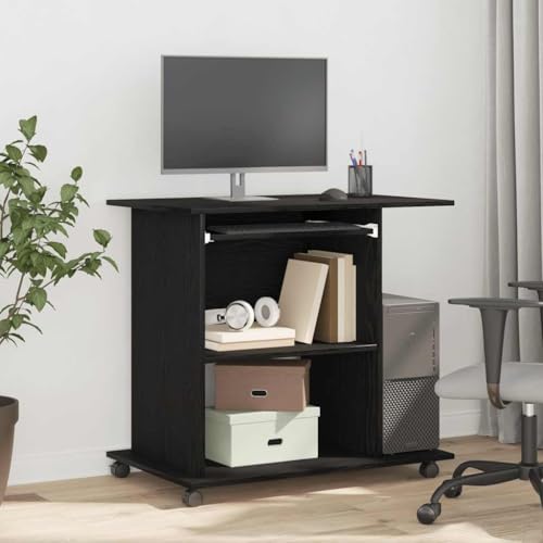 Zeehear Escritorio para ordenador de roble negro, 80 x 50 x 75 cm, madera duradera, con ruedas, bandeja para teclado extensible, para juegos y oficina en casa