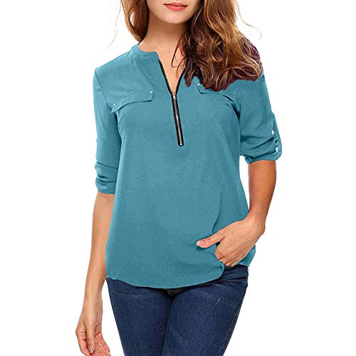 Wome's Casual V-Neck Long Sleeve Zipper Shirt Blusa Fna Tops Polyester Peacock Blue-image-13
