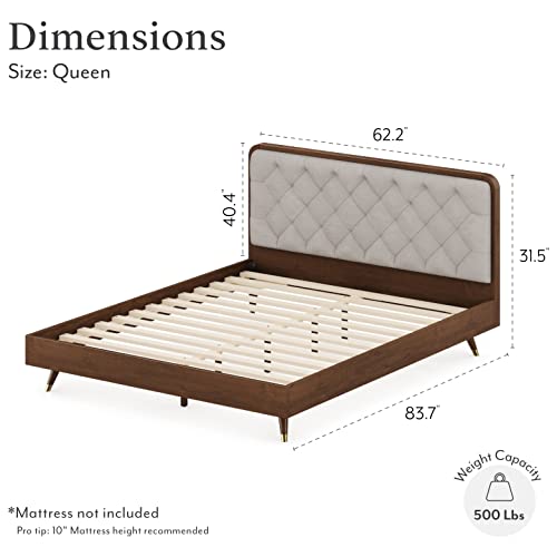 Dg Casa Cassidy Mid Century Modern Queen Bed Frame – Beige Fabric Upholstered Platform Bed With Full Wooden Slats – Queen Size Bed Frame With Diamond Tufted Headboard – No Box Spring Required #TOP1