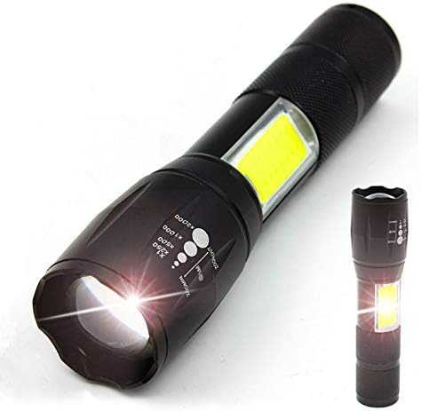 LED Flashlight with COB Light - Portable and Zoomable CREE T6 LED Handheld Light with 4 Modes(18650 Battery Not Included)