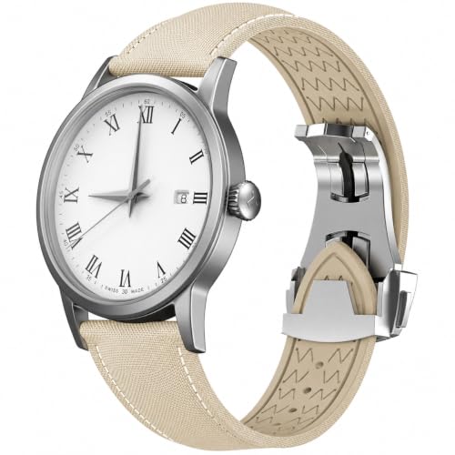 FKM Rubber Watch Strap with Deployant Clasp, 20mm 21mm 22mm Universal Quick Release Replacement Strap for Men Women,Dustproof,Sweat-proof,Oil proof Sport Soft Fluoroelastomer Wristband (Beige, 22mm) by REBANDACE - Used condition - US$27.59