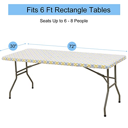 Elastic Vinyl Fitted Tablecloth For 6 Ft Folding Table, 30" X 72" Rectangle Flannel Backing Table Cover, Waterproof Wipeable Table Cloth For Indoor Outdoor Picnic Parties, Yellow Blue Pattern #TOP2