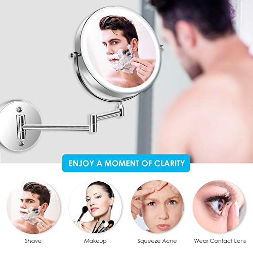 alvorog Wall Mounted Makeup Mirror LED Lighted 5X Magnifying Cosmetic Mirror 360° Swivel Extendable Two Sided Vanity Mirror for Bathroom, Powered by 4 x AAA Batteries (Not Included)
