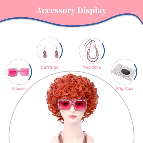 Image of Women Roper Curly Orange Red Cosplay Wig with Necklace Earrings and Sunglasses for Women Hallween Costume Wig