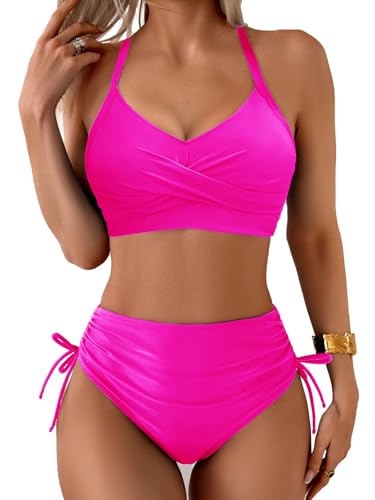 Fanuerg Women's High Waisted Bikini Sets Drawstring Tummy Control Two Piece Swimsuits Crisscross Tie Back Bathing Suit