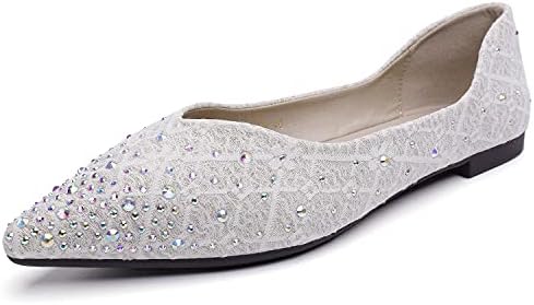 LiupanUp Women's Rhinestone Flats Leisure Wedding Dress Walking Ballet Flats Comfortable Slip On Soft Memory Foam Loafers Creamy-White size9