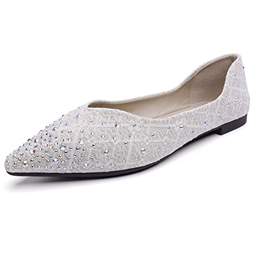 Liupanup Women's Rhinestone Flats Leisure Wedding Dress Walking Ballet Flats Comfortable Slip On Soft Memory Foam Loafers Creamy-White Size9 #TOP20