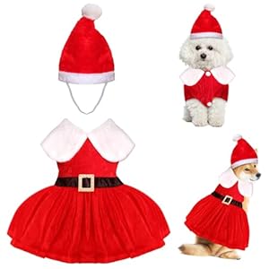 Dog Christmas Costumes Christmas Dress Dog Outfit Santa Dog Dress Christmas Hat Pet Winter Thermal Skirt Holiday Clothes Clothing Red Velvet Skirt and Hat Xmas Apparel for Dogs Pets