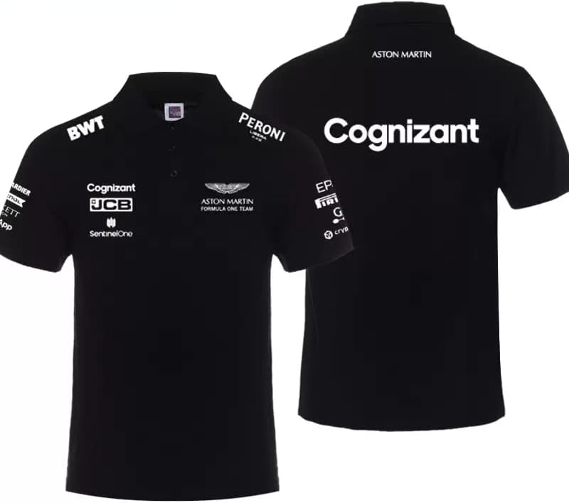 アストンマーチン チーム ベッテル strolF1 ペリフェラル レーシングスーツ ポロシャツ 男女兼用 夏 綿 半袖(黒,XL)