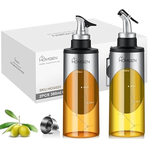 HOMGEN 2Pack Olive Oil Dispenser Bottle 380ml Oil Dispenser for kitchen 12.9oz Oil and Vinegar Dispenser set Stainless Steel & Glass Cooking Oil Dispenser With Clear Scale Design for Kitchen etc Cover