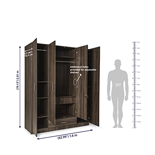 Image of Wakefit Wardrobe | 1 Year Warranty | Engineered Wood Almirah, Cupboard for Clothes Storage | 4 Door, Mirror, 1 Drawer, 2 Hanging Space | Cashmere - Napa Oak