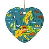 Mapa de Europa con impresión colorida de cerámica, regalo de Navidad, colgante único en forma de corazón para decoración navideña