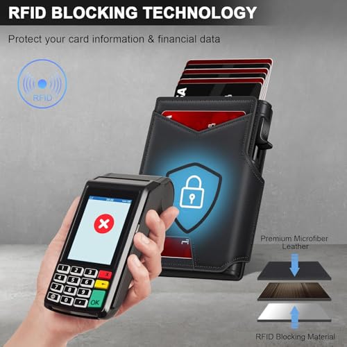 Image of VOGARD Smart Pop-Up Leather Wallet for Men & Women | RFID Blocking Card Holder with Money Clip | Slim Magnetic Bifold Wallet with Quick Access Button - Holds 14 Cards & Cash (Black)