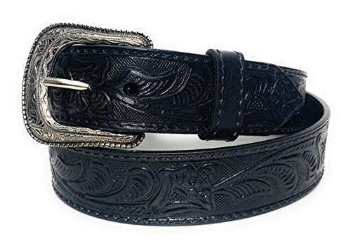 Western Tooled Leather Belt Cowboy Rodeo Casual Floral Embossed Belt (40, Black)