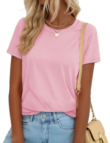 YUCOLEN T Shirts for Women Short Sleeve Crewneck Cotton Tops Summer UPF 50+ Casual Breathable Basic Tee Tshirt Light Pink L