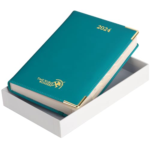 POPRUN Premium 2024 Diary A5 Page a Day (21.5 x 14.5 cm) - Hardback Daily Planner 2024 Day to Page Packaged in A Gift Box, Monthly Tabs - Pacific Green