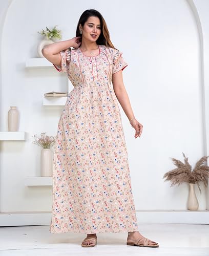Image of Pure Cotton Designer Nighty for Women | Night Gown | Nightdress | Maxi Nighty | Sleepwear | Jaipuri Nighty | Nighties | Cotton Night Gown for Women /Girls with Belt Pink