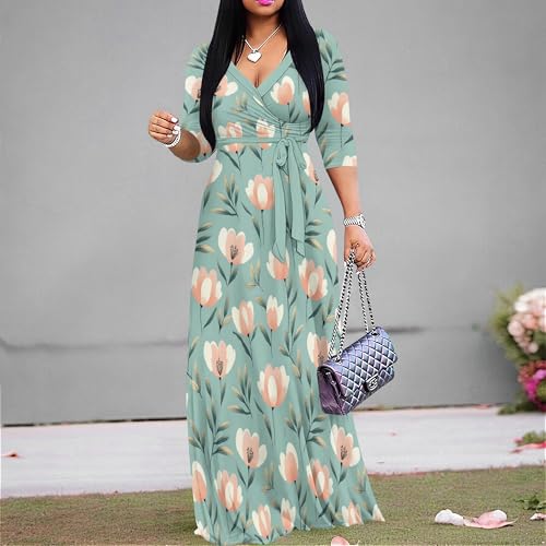 Image of PinkPatty Plus Size Maxi Dress for Women Casual V Neck 3 /4 Sleeve Boho Printed Long Dress with Pockets
