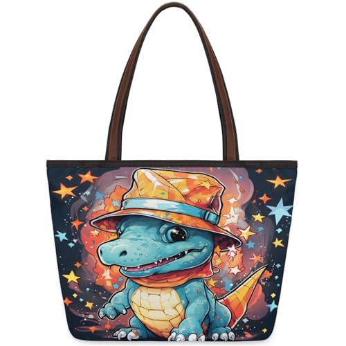 Star Cute Dinosaur Tote Bag Multi Pocket Zippered Beach Bag Lightweight Waterproof Handbag for Women Men Work Gym Travel Swimming Yoga Grocery Shopping L