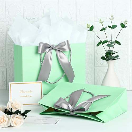 Image of JMANNI Gift Bags with Handles, 13 inch Medium Gift Bag for Presents, 1 Pcs Bags with 2 Tissue Paper and 1 Cards for Baby Shower Wedding Bridal Shower Mother's Day Birthday Party (Green)
